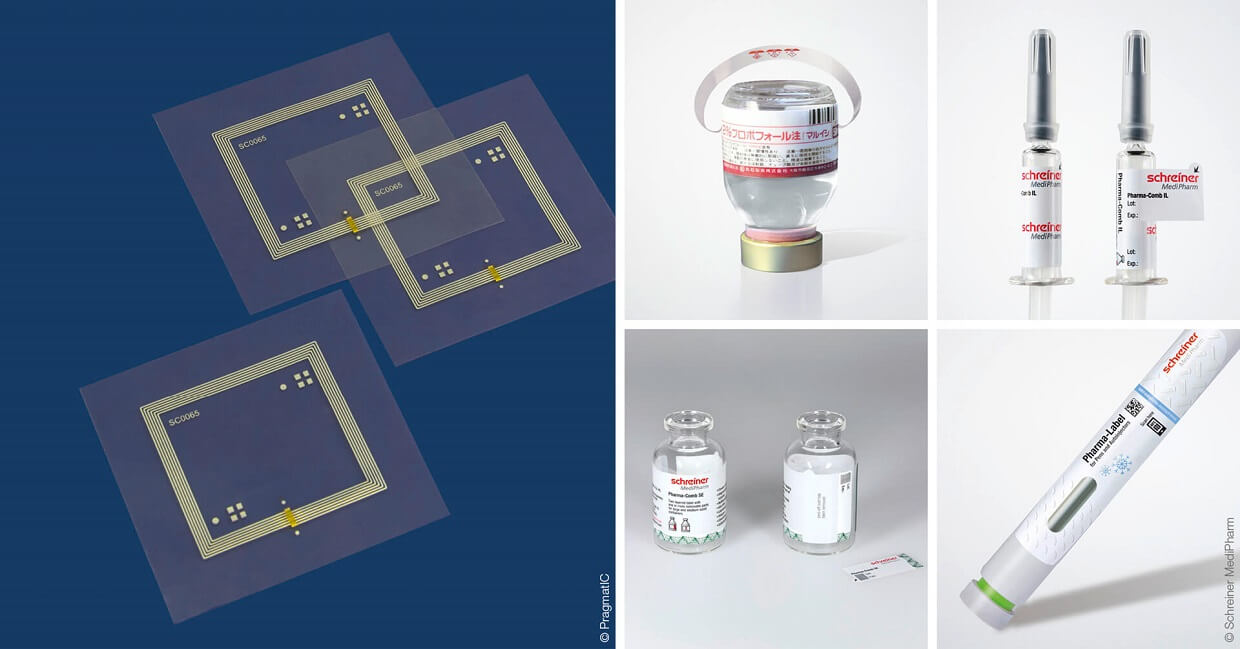 Beispiele von flexiblen RFID Labels auf Vials, Spritzen und Pens